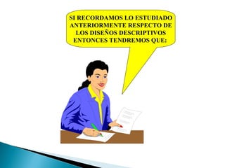 SI RECORDAMOS LO ESTUDIADO ANTERIORMENTE RESPECTO DE LOS DISEÑOS DESCRIPTIVOS ENTONCES TENDREMOS QUE:  