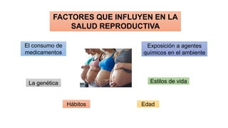 FACTORES QUE INFLUYEN EN LA
SALUD REPRODUCTIVA
Hábitos
El consumo de
medicamentos
La genética Estilos de vida
Edad
Exposición a agentes
químicos en el ambiente
 