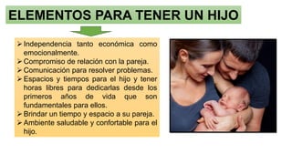 ELEMENTOS PARA TENER UN HIJO
➢Independencia tanto económica como
emocionalmente.
➢Compromiso de relación con la pareja.
➢Comunicación para resolver problemas.
➢Espacios y tiempos para el hijo y tener
horas libres para dedicarlas desde los
primeros años de vida que son
fundamentales para ellos.
➢Brindar un tiempo y espacio a su pareja.
➢Ambiente saludable y confortable para el
hijo.
 