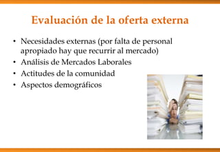 Evaluación de la oferta externa
• Necesidades externas (por falta de personal
apropiado hay que recurrir al mercado)
• Análisis de Mercados Laborales
• Actitudes de la comunidad
• Aspectos demográficos

 