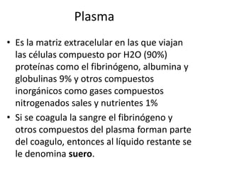 Plasma
• Es la matriz extracelular en las que viajan
las células compuesto por H2O (90%)
proteínas como el fibrinógeno, albumina y
globulinas 9% y otros compuestos
inorgánicos como gases compuestos
nitrogenados sales y nutrientes 1%
• Si se coagula la sangre el fibrinógeno y
otros compuestos del plasma forman parte
del coagulo, entonces al líquido restante se
le denomina suero.

 