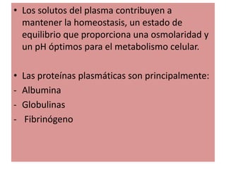 • Los solutos del plasma contribuyen a
mantener la homeostasis, un estado de
equilibrio que proporciona una osmolaridad y
un pH óptimos para el metabolismo celular.

•
-

Las proteínas plasmáticas son principalmente:
Albumina
Globulinas
Fibrinógeno

 