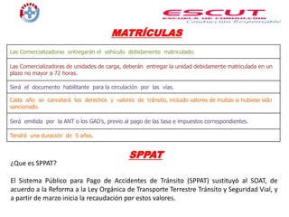 MATRÍCULAS
Las Comercializadoras entregarán el vehículo debidamente matriculado.
Las Comercializadoras de unidades de carga, deberán entregar la unidad debidamente matriculada en un
plazo no mayor a 72 horas.
Será el documento habilitante para la circulación por las vías.
Cada año se cancelará los derechos y valores de tránsito, incluido valores de multas si hubiese sido
sancionado.
Será emitida por la ANT o los GAD’s, previo al pago de las tasa e impuestos correspondientes.
Tendrá una duración de 5 años.
SPPAT
¿Que es SPPAT?
El Sistema Público para Pago de Accidentes de Tránsito (SPPAT) sustituyó al SOAT, de
acuerdo a la Reforma a la Ley Orgánica de Transporte Terrestre Tránsito y Seguridad Vial, y
a partir de marzo inicia la recaudación por estos valores.
 