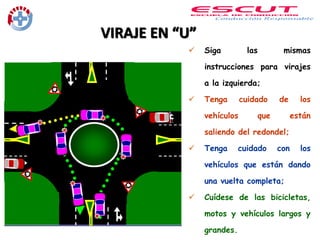 VIRAJE EN “U”
 Siga las mismas
instrucciones para virajes
a la izquierda;
 Tenga cuidado de los
vehículos que están
saliendo del redondel;
 Tenga cuidado con los
vehículos que están dando
una vuelta completa;
 Cuídese de las bicicletas,
motos y vehículos largos y
grandes.
 