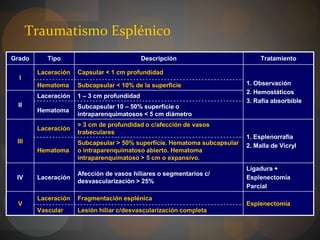 Traumatismo Esplénico
Grado Tipo Descripción Tratamiento
I
Laceración Capsular < 1 cm profundidad
1. Observación
2. Hemostáticos
3. Rafia absorbible
Hematoma Subcapsular < 10% de la superficie
II
Laceración 1 – 3 cm profundidad
Hematoma
Subcapsular 10 – 50% superficie o
intraparenquimatosos < 5 cm diámetro
III
Laceración
> 3 cm de profundidad o c/afección de vasos
trabeculares
1. Esplenorrafia
2. Malla de Vicryl
Hematoma
Subcapsular > 50% superficie. Hematoma subcapsular
o intraparenquimatoso abierto. Hematoma
intraparenquimatoso > 5 cm o expansivo.
IV Laceración
Afección de vasos hiliares o segmentarios c/
desvascularización > 25%
Ligadura +
Esplenectomía
Parcial
V
Laceración Fragmentación esplénica
Esplenectomía
Vascular Lesión hiliar c/desvascularización completa
 