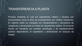 TRANSFERENCIA A PLANTA
Proceso mediante el cual los ingredientes sólidos y líquidos son
transportados hacia el área de procesamiento por medios mecánicos.
El material sólido es manejado por transportadores y elevadores de
cangilones y almacenado en tolvas de ingredientes sólidos. El producto
líquido es manejado por bombas centrífugas y de desplazamiento
positivo dependiendo el ingrediente y almacenado en tanques de
trabajo
 