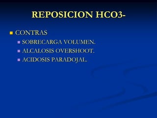 REPOSICION HCO3-<br />CONTRAS<br />SOBRECARGA VOLUMEN.<br />ALCALOSIS OVERSHOOT.<br />ACIDOSIS PARADOJAL.<br />
