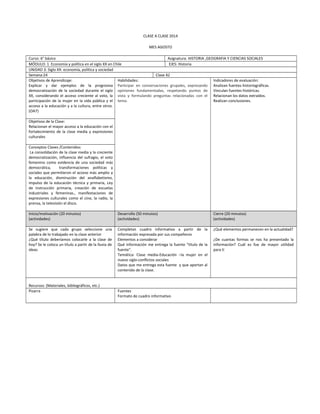 CLASE A CLASE 2014
MES AGOSTO
Curso: 6° básico Asignatura: HISTORIA ,GEOGRAFIA Y CIENCIAS SOCIALES
MÓDULO: 1 Economía y política en el siglo XX en Chile EJES: Historia
UNIDAD 3: Siglo XX: economía, política y sociedad
Semana:24 Clase 42
Objetivos de Aprendizaje:
Explicar y dar ejemplos de la progresiva
democratización de la sociedad durante el siglo
XX, considerando el acceso creciente al voto, la
participación de la mujer en la vida pública y el
acceso a la educación y a la cultura, entre otros.
(OA7)
Habilidades:
Participar en conversaciones grupales, expresando
opiniones fundamentadas, respetando puntos de
vista y formulando preguntas relacionadas con el
tema.
Indicadores de evaluación:
Analizan fuentes historiográficas.
Vinculan fuentes históricas.
Relacionan los datos extraídos.
Realizan conclusiones.
Objetivos de la Clase:
Relacionan el mayor acceso a la educación con el
fortalecimiento de la clase media y expresiones
culturales
Conceptos Claves /Contenidos:
La consolidación de la clase media y la creciente
democratización, influencia del sufragio, el voto
femenino como evidencia de una sociedad más
democrática, transformaciones políticas y
sociales que permitieron el acceso más amplio a
la educación, disminución del analfabetismo,
impulso de la educación técnica y primaria, Ley
de instrucción primaria, creación de escuelas
industriales y femeninas., manifestaciones de
expresiones culturales como el cine, la radio, la
prensa, la televisión el disco.
Inicio/motivación (20 minutos)
(actividades)
Desarrollo (50 minutos)
(actividades)
Cierre (20 minutos)
(actividades)
Se sugiere que cada grupo seleccione una
palabra de lo trabajado en la clase anterior
¿Qué título deberíamos colocarle a la clase de
hoy? Se le coloca un título a partir de la lluvia de
ideas
Completan cuadro informativo a partir de la
información expresada por sus compañeros
Elementos a considerar
Qué información me entrega la fuente “título de la
fuente”.
Temática: Clase media-Educación –la mujer en el
nuevo siglo-conflictos sociales
Datos que me entrega esta fuente y que aportan al
contenido de la clase.
¿Qué elementos permanecen en la actualidad?
¿De cuantas formas se nos ha presentado la
información? Cuál es fue de mayor utilidad
para ti
Recursos: (Materiales, bibliográficos, etc.)
Pizarra Fuentes
Formato de cuadro informativo
 