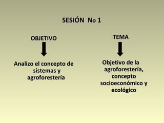 SESIÓN NSESIÓN Noo 11
OBJETIVOOBJETIVO
Analizo el concepto deAnalizo el concepto de
sistemas ysistemas y
agroforesteríaagroforestería
TEMATEMA
Objetivo de laObjetivo de la
agroforestería,agroforestería,
conceptoconcepto
socioeconómico ysocioeconómico y
ecológicoecológico
 