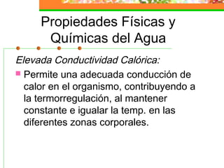 Propiedades Físicas y
      Químicas del Agua
Elevada Conductividad Calórica:
 Permite una adecuada conducción de
  calor en el organismo, contribuyendo a
  la termorregulación, al mantener
  constante e igualar la temp. en las
  diferentes zonas corporales.
 