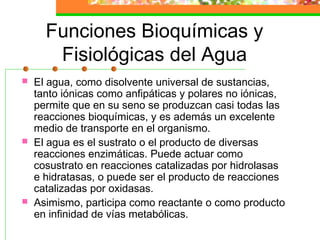 Funciones Bioquímicas y
       Fisiológicas del Agua
   El agua, como disolvente universal de sustancias,
    tanto iónicas como anfipáticas y polares no iónicas,
    permite que en su seno se produzcan casi todas las
    reacciones bioquímicas, y es además un excelente
    medio de transporte en el organismo.
   El agua es el sustrato o el producto de diversas
    reacciones enzimáticas. Puede actuar como
    cosustrato en reacciones catalizadas por hidrolasas
    e hidratasas, o puede ser el producto de reacciones
    catalizadas por oxidasas.
   Asimismo, participa como reactante o como producto
    en infinidad de vías metabólicas.
 