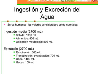 Ingestión y Excreción del
                   Agua
   Seres humanos, los valores considerados como normales:

Ingestión media (2700 mL)
           Bebida: 1300 mL
           Alimentos: 900 mL
           Oxidación metabólica: 500 mL

Excreción (2700 mL)
           Respiración: 500 mL
           Transpiración, evaporación: 700 mL
           Orina: 1400 mL
           Heces: 100 mL
 