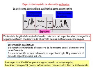 Espectrofotometría de absorción  molecular Es útil tanto para análisis cualitativo como cuantitativo Espectro Variando la longitud de onda dentro de cada zona del espectro electromagnético se puede obtener el espectro de absorción de una sustancia en cada región. Información cualitativa: Se obtiene comparando el espectro de la muestra con el de un material de referencia. Esta información es mas relevante en espectroscopía IR y menor en el caso de espectroscopía Vis-UV. Los espectros Vis-UV se pueden lograr usando un mismo equipo. La espectroscopia IR (mayor información), requiere otro tipo de instrumento Transacciones electrónicas Interacciones de enlace 
