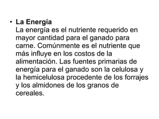 La Energía La energía es el nutriente requerido en mayor cantidad para el ganado para carne. Comúnmente es el nutriente que más influye en los costos de la alimentación. Las fuentes primarias de energía para el ganado son la celulosa y la hemicelulosa procedente de los forrajes y los almidones de los granos de cereales.  