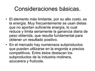 Consideraciones básicas. El elemento más limitante, por su alto costo, es la energía. Muy frecuentemente se usan dietas que no aportan suficiente energía, lo cual reduce y limita seriamente la ganancia diaria de peso obtenida, que resulta fundamental para obtener un resultado positivo. En el mercado hay numerosos subproductos que pueden utilizarse en la engorda a precios competitivos. Entre éstos destacan los subproductos de la industria molinera, azucarera y frutícola. 