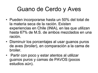 Guano de Cerdo y Aves Pueden incorporarse hasta un 50% del total de la materia seca de la ración. Existen experiencias en Chile (INIA), en las que utilizan hasta 67% de M.S. de ambos mezclados en una ración. Disminuir los porcentajes al usar guanos puros de aves (broiler), en comparación a la cama de broiler. Partir con poco y estar atentos al utilizar guanos puros y camas de PAVOS (pocos estudios aún).  