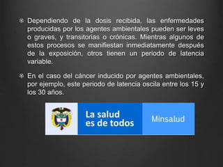 Dependiendo de la dosis recibida, las enfermedades
producidas por los agentes ambientales pueden ser leves
o graves, y transitorias o crónicas. Mientras algunos de
estos procesos se manifiestan inmediatamente después
de la exposición, otros tienen un periodo de latencia
variable.
En el caso del cáncer inducido por agentes ambientales,
por ejemplo, este periodo de latencia oscila entre los 15 y
los 30 años.
 
