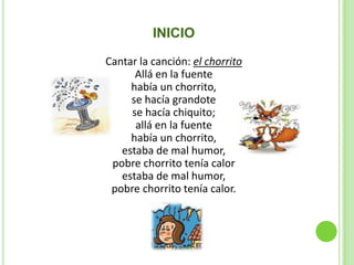INICIO

Cantar la canción: el chorrito
      Allá en la fuente
     había un chorrito,
     se hacía grandote
     se hacía chiquito;
      allá en la fuente
     había un chorrito,
   estaba de mal humor,
 pobre chorrito tenía calor
   estaba de mal humor,
 pobre chorrito tenía calor.
 