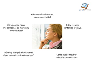 Cómo son los visitantes
                              que usan mi sitio?


    Cómo puedo hacer                                            Estoy creando
mis campañas de marketing                                     contenido efectivo?
       mas eficaces?




 Dónde y por qué mis visitantes
abandonan el carrito de compra?                        Cómo puedo mejorar
                                                      la interacción del sitio?
 