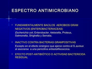 ESPECTRO ANTIMICROBIANOESPECTRO ANTIMICROBIANO
 FUNDAMENTALMENTE BACILOS AEROBIOS GRAMFUNDAMENTALMENTE BACILOS AEROBIOS GRAM
NEGATIVOS (ENTEROBACTERIACEAS)NEGATIVOS (ENTEROBACTERIACEAS)
Escherichia coli,Escherichia coli, Enterobacter, klebsiella, Proteus,Enterobacter, klebsiella, Proteus,
Salmonella, Shighella y Serratia.Salmonella, Shighella y Serratia.
 INACTIVO CONTRA BACTERIAS GRAMPOSITIVASINACTIVO CONTRA BACTERIAS GRAMPOSITIVAS
Excepto en el efecto sinérgico que ejerce contra el S.Excepto en el efecto sinérgico que ejerce contra el S.aureusaureus
al asociarse a una penicilina antiestafilococcica.al asociarse a una penicilina antiestafilococcica.
 EFECTO POST-ANTIBIÓTICO O ACTIVIDAD BACTERICIDAEFECTO POST-ANTIBIÓTICO O ACTIVIDAD BACTERICIDA
RESIDUALRESIDUAL
 