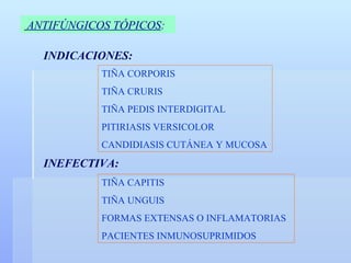 ANTIFÚNGICOS TÓPICOS :   INDICACIONES: TIÑA CORPORIS TIÑA CRURIS TIÑA PEDIS INTERDIGITAL PITIRIASIS VERSICOLOR CANDIDIASIS CUTÁNEA Y MUCOSA INEFECTIVA: TIÑA CAPITIS TIÑA UNGUIS FORMAS EXTENSAS O INFLAMATORIAS PACIENTES INMUNOSUPRIMIDOS 