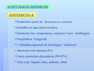 ANTIFÚNGICOS SISTEMICOS :   ANFOTERICINA B: Producida a partir de  Streptomyces nodosus Insoluble en agua (desoxicolato) Oxidación (luz, temperatura, oxígeno)  <  actv. Antifúngica Fungistática / Fungicida  >  Afinidad ergosterol de los hongos / colesterol Absorción oral mínima (5%) Unión a proteínas plasmáticas (90-95%) Altas conc. hígado, bazo, pulmón, riñón  