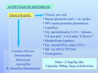 ANTIFÚNGICOS SISTEMICOS :   ITRACONAZOL: Triazol, uso oral Buena absorción oral (  > m. ácido) 99% unión proteínas plasmáticas Lipofílico Tej. queratinizados 3-10 v  >plasma 3-4 sem piel / 3-4 m uñas “E.Reserv” Metabolismo hepático Exc. heces(54%), orina (35% ) Inh. Cp-450 (CYP3A4) Teratogénico Cándida albicans   Dermatofitos Malassezia Aspergillus H. Dimorfos-Dematiáceos Niños: 3-5mg/Kg./dia  Cápsulas 100mg, Susp.ciclodextrina 