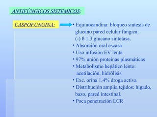 CASPOFUNGINA: ANTIFÚNGICOS SISTEMICOS :   Equinocandina: bloqueo sintesis de glucano pared celular fúngica.  (-)  ß 1,3 glucano sintetasa. Absorción oral escasa Uso infusión EV lenta 97% unión proteínas plasmáticas Metabolismo hepático lento:  acetilación, hidrólisis Exc. orina 1,4% droga activa Distribución amplia tejidos: higado, bazo, pared intestinal. Poca penetración LCR 