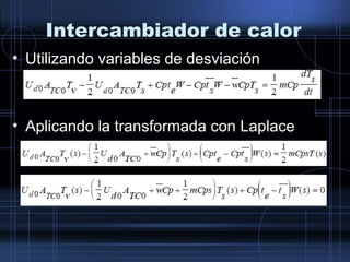Intercambiador de calor
• Utilizando variables de desviación
• Aplicando la transformada con Laplace
 