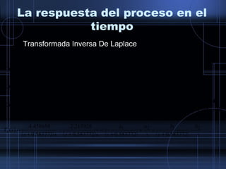 La respuesta del proceso en el
tiempo
Transformada Inversa De Laplace
( ) ( )
( ) ( ) ( ) ( ) s
b
s
b
s
a
s
a
ssss
sT
ssssss
x
ss
sT
ss
K
ss
K
sT
s
sW
s
sTsW
s
K
sT
s
K
sT
s
s
s
vvs
2121
4
2
2
1
1
2
2
1
1
583772.0583772.0583772.0
213928.2
583772.0
458658.4
)(
parcialesfraccionesenExpansión
1712995.1
792464.3
1712995.1
63766.725.5007
1712995.1
10573947.720
1712995.1
381883.0
)(
25.5007
1
20
1
)(
25.5007
)(
20
)()(
1
)(
1
)(
−
+
−+
+
=
+
−
+
=
+
−
+
=





+
−
+





+
=
=





+
+





+
=
==
+
+
+
=
−
ττ
ττ
 