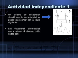 Actividad independiente 1
• Un sistema de suspensión
simplificada de un automóvil se
puede representar por la figura
siguiente:
• Las ecuaciones diferenciales
que modelan al sistema están
dadas por:
( ) ( )
( ) 





−−−−=
−+





−+−=
dt
tdx
dt
tdy
btxtyk
dt
tyd
m
txtuk
dt
tdx
dt
tdy
btxtyk
dt
txd
m
)()(
)()(
)(
)()(
)()(
)()(
)(
22
2
2
122
2
1
 