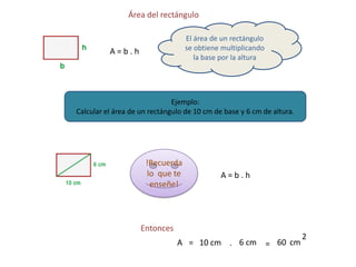 Área del rectángulo

                                 El área de un rectángulo
          A=b.h                  se obtiene multiplicando
                                    la base por la altura




                              Ejemplo:
Calcular el área de un rectángulo de 10 cm de base y 6 cm de altura.




                     !Recuerda
                     lo que te               A=b.h
                      enseñe!



                    Entonces
                                                                       2
                               A = 10 cm . 6 cm = 60 cm
 