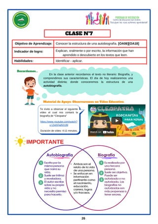 Habilidades:
En la clase anterior recordamos el texto no literario: Biografía, y
comprendimos sus características. El día de hoy realizaremos una
actividad distinta; donde conoceremos la estructura de una
autobiografía.
Objetivo de Aprendizaje: Conocer la estructura de una autobiografía. [OA06][OA18]
Te invito a observar el siguiente
vídeo el cual nos contará la
biografía de "Cleopatra"
https://www.youtube.com/watch?
v=ZiphQaINXJM
Material de Apoyo: Observaremos un Vídeo Educativo.
CLASE Nº7
Identificar - aplicar.
Duración de vídeo: 4:11 minutos.
Recordemos...
26
Indicador de logro:
IMPORTANTE
Explican, oralmente o por escrito, la información que han
aprendido o descubierto en los textos que leen.
 