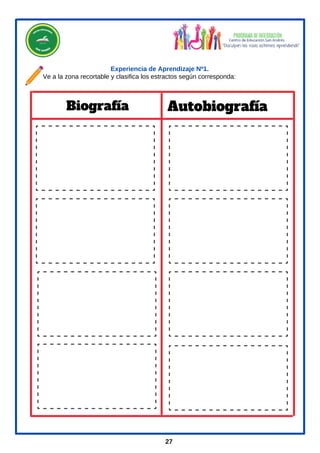 27
Ve a la zona recortable y clasifica los estractos según corresponda:
Experiencia de Aprendizaje Nº1.
Biografía Autobiografía
 