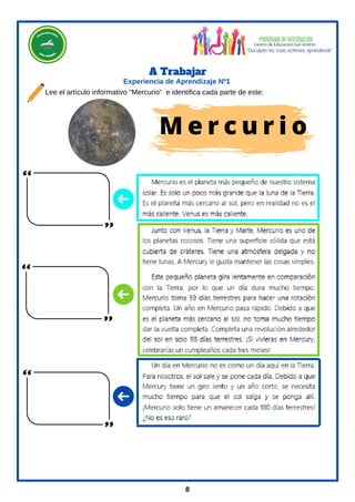 Lee el artículo informativo "Mercurio" e identifica cada parte de este:
A Trabajar
Experiencia de Aprendizaje Nº1
8
M e r c u r i o
 