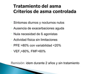  Síntomas diurnos y nocturnos nulos
 Ausencia de exacerbaciones aguda
 Nula necesidad de ß agonistas
 Actividad física sin limitaciones
 PFE >80% con variabilidad <20%
 VEF1>80%, FMF>60%
Remisión: idem durante 2 años y sin tratamiento
 