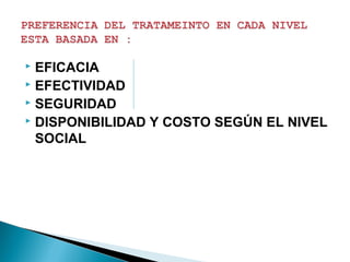  EFICACIA
 EFECTIVIDAD
 SEGURIDAD
 DISPONIBILIDAD Y COSTO SEGÚN EL NIVEL
SOCIAL
 