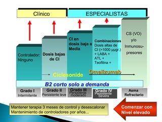 Controlador:
Ninguno
Grado I
Intermitente
Dosis bajas
de CI
Grado II
Persistente leve
Grado III
Persistente
moderado
CI en
dosis baja a
Media
Comenzar con
Nivel elevado
Mantener terapia 3 meses de control y desescalonar
Mantenimiento de controladores por años...
Grado IV
Persistente
Severa
Combinaciones
Dosis altas de
CI (>1000 µµgr.)
+ LABA +
ATL +
Teofilina +
OmalizumabOmalizumab
CS (VO)
y/o
Inmunosu-
presores
Asma
Refractario
B2 corto solo a demanda
Ciclesonide
ClínicoClínico ESPECIALISTASESPECIALISTAS
 