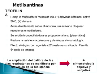  Relaja la musculatura muscular lisa, (+) actividad cardiaca, activa
SNC, (+) diuresis.
 Actúa directamente sobre el músculo, sin activar o bloquear
receptores o mediadores.
 Su acción broncodilatadora es proporcional a su [plasmática]
 Reduce la resistencia pulmonar y disminuye sintomatología.
 Efecto sinérgico con agonistas β2 (restaura su eficacia. Permite
 dosis de ambos)
TEOFILINTEOFILIN
AA
La ampliación del calibre de las
vías respiratorias se manifiesta por
reducción de la resistencia
pulmonar

sintomatología
objetiva y
subjetiva
 