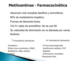  Absorción oral completa (teofilina y aminofilina).
 90% de metabolismo hepático.
 Formas de liberación lenta.
 Vía IV: sales de aminofilina. No se usa IM.
 Su velocidad de eliminación se ve afectada por varios
factores:
↑↑ Velocidad de eliminaciónVelocidad de eliminación  Velocidad de eliminaciónVelocidad de eliminación
 Fumadores.Fumadores.
 Dietas ricas en proteínas e HdeC.Dietas ricas en proteínas e HdeC.
 Barbitúricos, Bzp, alcohol,Barbitúricos, Bzp, alcohol,
fenitoína.fenitoína.
 Cirrosis descompensadaCirrosis descompensada
 Insuficiencia cardíaca, EAPInsuficiencia cardíaca, EAP
 HepatitisHepatitis
 Eritromicina, cimetidina,Eritromicina, cimetidina,
bloqueantes beta.bloqueantes beta.
 