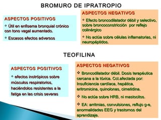 BROMURO DE IPRATROPIO
ASPECTOS POSITIVOSASPECTOS POSITIVOS
 Útil en enfisema bronquial crónicoÚtil en enfisema bronquial crónico
con tono vagal aumentado.con tono vagal aumentado.
 Escasos efectos adversosEscasos efectos adversos
ASPECTOS NEGATIVOSASPECTOS NEGATIVOS
 Efecto broncodilatador débil y selectivo,Efecto broncodilatador débil y selectivo,
sobre broncoconstricción por reflejosobre broncoconstricción por reflejo
colinérgicocolinérgico
 No actúa sobre células inflamatorias, niNo actúa sobre células inflamatorias, ni
neuropéptidos.neuropéptidos.
TEOFILINA
ASPECTOS POSITIVOSASPECTOS POSITIVOS
 efectos inotrópicos sobreefectos inotrópicos sobre
músculos respiratorios,músculos respiratorios,
haciéndolos resistentes a lahaciéndolos resistentes a la
fatiga en las crisis severasfatiga en las crisis severas
ASPECTOS NEGATIVOSASPECTOS NEGATIVOS
 Broncodilatador débil. Dosis terapéuticaBroncodilatador débil. Dosis terapéutica
cercana a la tóxica. Cct.afectada por:cercana a la tóxica. Cct.afectada por:
Insuficiencia cardíaca, hepática,Insuficiencia cardíaca, hepática,
eritromicina, quinolonas, cimetidina.eritromicina, quinolonas, cimetidina.
 No actúa sobre HRB, ni mastocitos.No actúa sobre HRB, ni mastocitos.
 EA: arritmias, convulsiones, reflujo g-e,EA: arritmias, convulsiones, reflujo g-e,
anormalidades EEG y trastornos delanormalidades EEG y trastornos del
aprendizaje.aprendizaje.
 