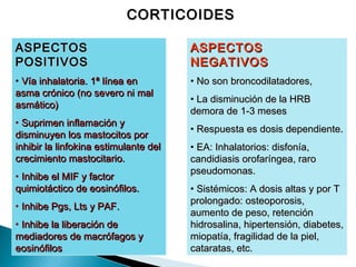 CORTICOIDESCORTICOIDES
ASPECTOSASPECTOS
POSITIVOSPOSITIVOS
• Vía inhalatoria. 1ª línea enVía inhalatoria. 1ª línea en
asma crónico (no severo niasma crónico (no severo ni malmal
asmático)asmático)
• Suprimen inflamaciónSuprimen inflamación yy
disminuyendisminuyen los mastocitos porlos mastocitos por
inhibir lainhibir la linfokina estimulante dellinfokina estimulante del
crecimiento mastocitario.crecimiento mastocitario.
• Inhibe el MIF y factorInhibe el MIF y factor
quimiotáctico de eosinófilos.quimiotáctico de eosinófilos.
• Inhibe Pgs, Lts y PAF.Inhibe Pgs, Lts y PAF.
• Inhibe la liberación deInhibe la liberación de
mediadores de macrófagos ymediadores de macrófagos y
eosinófiloseosinófilos
ASPECTOSASPECTOS
NEGATIVOSNEGATIVOS
• No son broncodilatadores,No son broncodilatadores,
• La disminución de la HRBLa disminución de la HRB
demora de 1-3 mesesdemora de 1-3 meses
• Respuesta es dosis dependiente.Respuesta es dosis dependiente.
• EA: Inhalatorios: disfonía,EA: Inhalatorios: disfonía,
candidiasis orofaríngea, rarocandidiasis orofaríngea, raro
pseudomonas.pseudomonas.
• Sistémicos: A dosis altas y por TSistémicos: A dosis altas y por T
prolongado: osteoporosis,prolongado: osteoporosis,
aumento de peso, retenciónaumento de peso, retención
hidrosalina, hipertensión, diabetes,hidrosalina, hipertensión, diabetes,
miopatía, fragilidad de la piel,miopatía, fragilidad de la piel,
cataratas, etc.cataratas, etc.
 