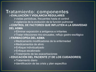 EVALUACIÓN Y VIGILANCIA REGULARES
   visitas periódicas, frecuentes hasta el control
   vigilancia de la evolución de la función pulmonar
CONTROL DE FACTORES QUE INFLUYEN A LA GRAVEDAD
DEL ASMA
   Eliminar exposición a antígenos e irritantes
   Tratar infecciones rino-sinusales, reflujo gastro-esofágico
FARMACOPEA DEL ASMA
   Medicamento modificadores de la enfermedad
   Medicamentos de alivio
   Enfoque individualizado
   Enfoque escalonado
   Tratamiento de las exacerbaciones
EDUCACIÓN DEL PACIENTE (Y DE LOS CUIDADORES)
   Tratamiento diario
   Identificación de las crisis y plan especifico
 