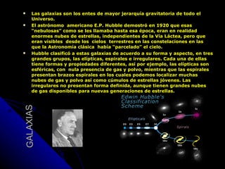 GALAXIAS Las galaxias son los entes de mayor jerarquía gravitatoria de todo el Universo.  El astrónomo  americano E.P. Hubble demostró en 1920 que esas “nebulosas” como se les llamaba hasta esa época, eran en realidad enormes nubes de estrellas, independientes de la Vía Láctea, pero que eran visibles  desde los  cielos  terrestres en las constelaciones en las que la Astronomía clásica  había “parcelado” el cielo.  Hubble clasificó a estas galaxias de acuerdo a su forma y aspecto, en tres grandes grupos, las elípticas, espirales e irregulares. Cada una de ellas tiene formas y propiedades diferentes, así por ejemplo, las elípticas son esféricas, con  nula presencia de gas y polvo, mientras que las espirales presentan brazos espirales en los cuales podemos localizar muchas nubes de gas y polvo así como cúmulos de estrellas jóvenes. Las irregulares no presentan forma definida, aunque tienen grandes nubes de gas disponibles para nuevas generaciones de estrellas.  