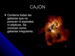 CAJON Contiene todas las galaxias que no parecen ni espirales ni elípticas. Se conocen como galaxias irregulares.  