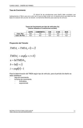 CURSO CI62G – DISEÑO DE FIRMES
MATERIAL DE APOYO PARA CLASE AUXILAR 11
Tasa de Crecimiento
Tasas de Crecimiento por tipo de vehículos (%)
(valores utilizados en evaluaciones sociales)
AUTO CAMIONETA C2E C+2E BUS
Cam. Pav. 8,0 7,5 6,5 5,5 7,5
Cam. No Pav. 6,0 6,0 4,0 4,5 5,0
Proyección del Tránsito
( )t
t iTMDATMDA +×= 10
( )
( )
( ) 1exp
1ln
lnTMDAa
exp
0
−=
+=
=
×+=
bi
ib
btaTMDAt
Para la determinación del TMDA según tipo de vehículo, para el período de diseño se
debe establecer:
- tasa de crecimiento.
- la forma de crecimiento.
- Aritmética.
- exponencial.
TEMA: CÁLCULO DE EJES EQUIVALENTES
 