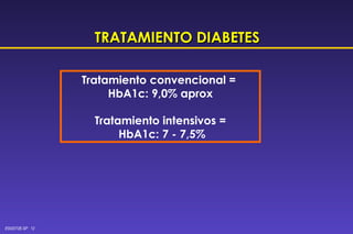 TRATAMIENTO DIABETES Tratamiento convencional =  HbA1c: 9,0% aprox Tratamiento intensivos = HbA1c: 7 - 7,5% 