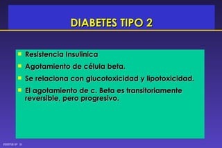 DIABETES TIPO 2 Resistencia Insulinica Agotamiento de célula beta. Se relaciona con glucotoxicidad y lipotoxicidad. El agotamiento de c. Beta es transitoriamente reversible, pero progresivo. 