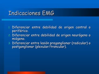 Indicaciones EMG
1.
2.
3.

Diferenciar entre debilidad de origen central o
periférico.
Diferenciar entre debilidad de origen neurógeno o
miógeno.
Diferenciar entre lesión preganglionar (radicular) o
postganglionar (plexular/troncular).

 