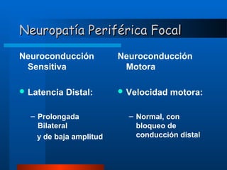 Neuropatía Periférica Focal
Neuroconducción
Sensitiva

Neuroconducción
Motora

 Latencia

 Velocidad

Distal:

– Prolongada
Bilateral
y de baja amplitud

motora:

– Normal, con
bloqueo de
conducción distal

 